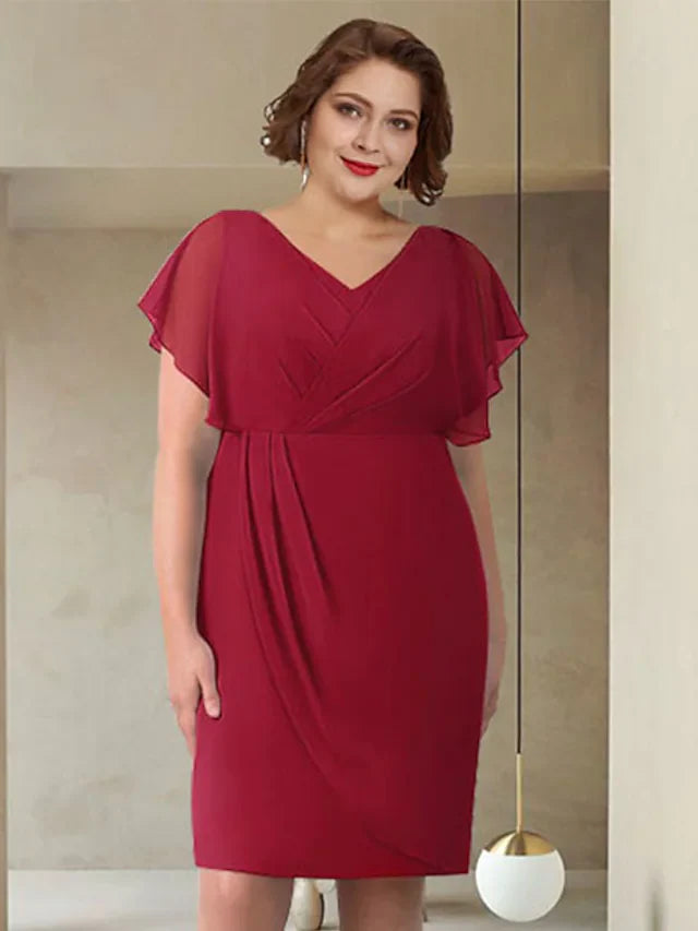 Wholesale Mother of the Bride Dress Elegant V Neck Knee Length Chiffon Short Sleeve with Ruching